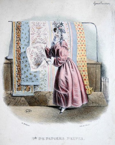 卖墙纸的人，约1840年（彩色平版印刷）。 作者 查尔斯（后）菲利普