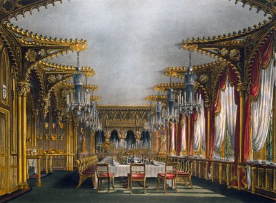 哥特式餐厅，托马斯-萨瑟兰（1785-1838）的雕刻，根据查尔斯-威尔德（1781-1835）的设计，摘自《皇家住宅的历史》。 作者 查尔斯（之后）野性