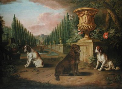 正规花园中的三只西班牙犬，约1730年（布面油画） 作者 查尔斯（和工作室）柯林斯