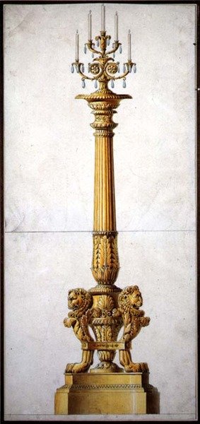 新古典主义烛台设计，约1820年（纸上水彩笔墨）。 作者 Charles (attr. To) Percier