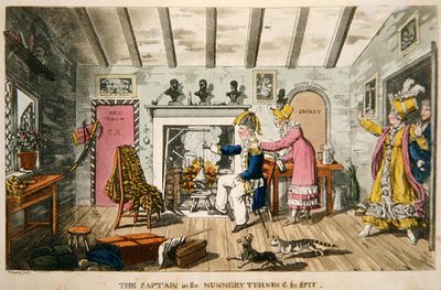 Nunnery中的船长在转动唾液"，来自约翰-米特福德（1782-1831）的《约翰尼-纽康在海军中的冒险》（彩色水印）的版画 作者 查尔斯（c.1797-1850）（之后）威廉姆斯