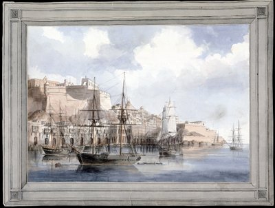 马耳他景观（瓦莱塔大港和圣安杰洛堡） - Charles Andrew Dyce（1816-1853）绘画，纸本水彩（25.1x34.9 厘米），约 1849 年 - 耶鲁大学（美国） 作者 Charles Andrew Dyce