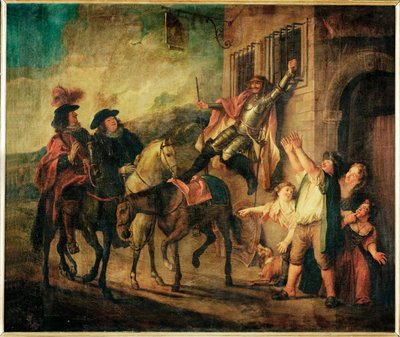 Don Quichotte attache a unse fenetre par la malice de Maritorne - 唐-基约特（Don Qijote）因马托内的恶意而被绑在窗户上...... 作者 查尔斯·安托万·科佩尔