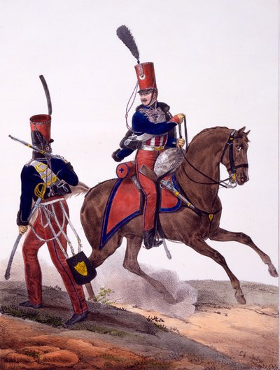 第五Hu骑兵团的制服，来自&39;Collection des Uniforms de l&39;Armee Francaise&39;，1823年出版（手工彩色版画） 作者 查尔斯·奥布里