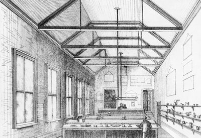 德利奇学院化学实验室，约1870年（石版画）。 作者 查尔斯·巴里