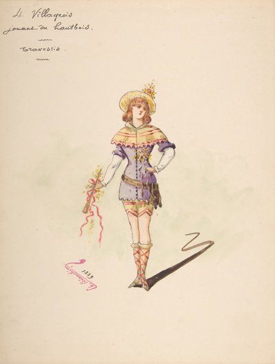 4个演奏双簧管的村民的服装设计[a], 服装描述表... 作者 查尔斯·比安基尼（Charles Bianchini）