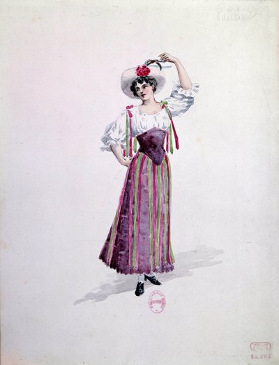 1892年鲁杰罗-莱昂卡瓦洛（1857-1919）的歌剧 "Paillasse"（de pagliacci，小丑）中的年轻女子服装（Nedda或Colombine？查尔斯-比安奇尼（1860-1905）的水彩画作品 作者 查尔斯·比安基尼（Charles Bianchini）
