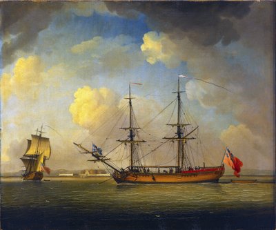 英国泰晤士河畔蒂尔伯里堡地平线上的一艘 "Naval Snow "号轮船，这是一艘英国轮船，有两根桅杆，用于为英国皇家海军运输补给。 作者 查尔斯·布鲁金