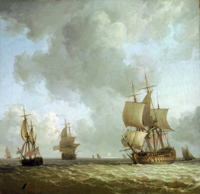 英国皇家海军舰船在海风中航行。布面油画，约 1750 年，作者查尔斯-布鲁金（1723-1759 年）。 作者 查尔斯·布鲁金