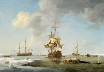 格陵兰渔业：冰中的英国捕鲸船，约 1750 年（布面油画） 作者 查尔斯·布鲁金