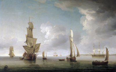 泰晤士河口（英格兰）的航运、种类繁多的船只以及英国海岸的描述。布面油画 作者 查尔斯·布鲁金