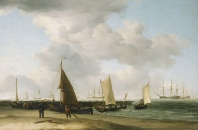 海岸边的场景，地平线上有一座战争建筑。布面油画 作者 查尔斯·布鲁金