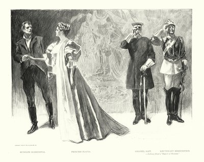 鲁道夫-拉森迪尔、弗拉维亚公主、萨普特上校、伯恩斯坦中尉（石版画） 作者 查尔斯·达纳·吉布森