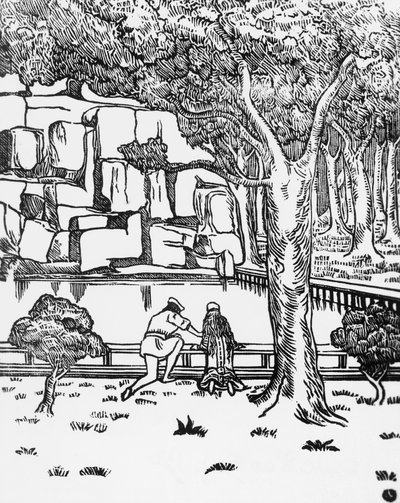 人们在看源头，查尔斯-杜德莱（1861-1938）为莫里斯-梅特林克（1862-1949）的《佩利亚斯和梅里桑德》创作的木刻，由意大利斯波莱托的克劳迪奥-阿根蒂耶里出版。 作者 查尔斯·杜德莱特