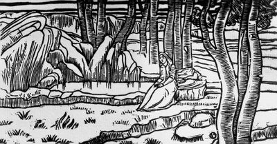 Woodcut by Charles Doudelet (1861-1938) for Pelleas and Melisande by Maurice Maeterlinck (1862-1949), published by Claudio Argentieri, Spoleto, Italy 作者 查尔斯·杜德莱特