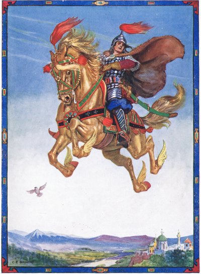 这匹马在空中飞舞，摩西加斯特（1856-1939）1921年“来自罗马尼亚传说的儿童故事中的花儿的骑士”中的场景 作者 查尔斯·埃德蒙·布洛克