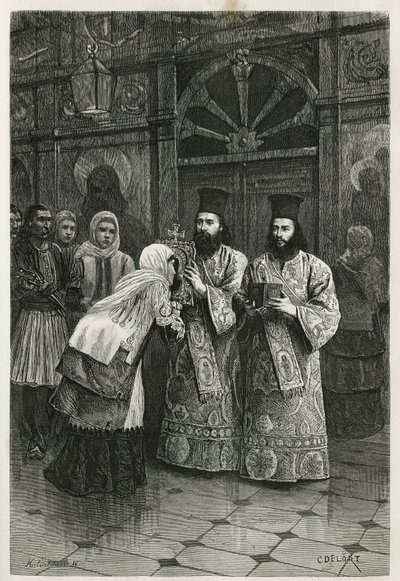 Pritres donnant a baiser les images saintes, engraving by Ch.Delort, to illustrate Henri Belle