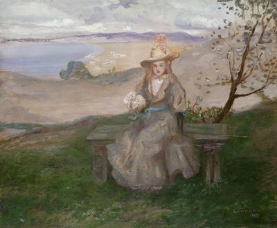有一束花束的女孩在Swanage海湾上，1899年 作者 查尔斯·爱德华·康德