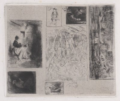 复合板：女人和孩子a，老音乐家b，油炸商人c，风景...，1843年。 作者 查尔斯·埃米尔·雅克