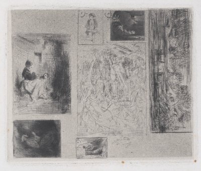 复合板：女人和孩子a，老音乐家b，油炸商人c，风景...，1843年。 作者 查尔斯·埃米尔·雅克