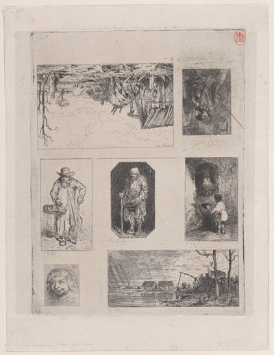 农庄景观a，坐着的农民b，乞丐c，乞丐d，小乞丐e，海...，1844年。 作者 查尔斯·埃米尔·雅克