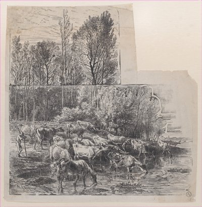 牧民和牛在福特，约1850年。 作者 查尔斯·埃米尔·雅克