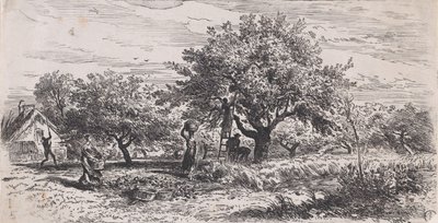在小屋外的树上采摘水果，约1852年。 作者 查尔斯·埃米尔·雅克