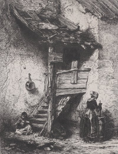 楼梯和女人的搅动，1845年。 作者 查尔斯·埃米尔·雅克
