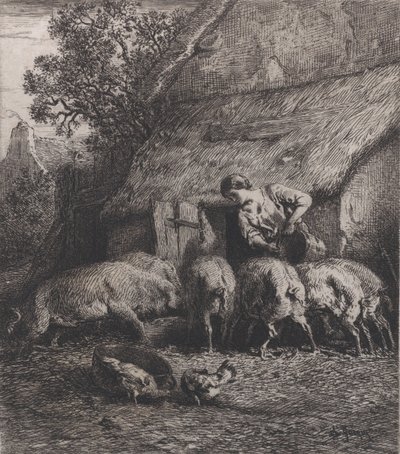 喂猪的女人，1850年。 作者 查尔斯·埃米尔·雅克