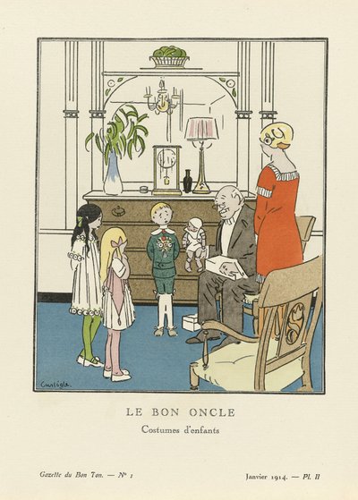 好叔叔》。儿童服装，来自La Gazette du Bon Ton, pub.1914年（模版印刷）。 作者 Charles Emile叫Carlegle Egli