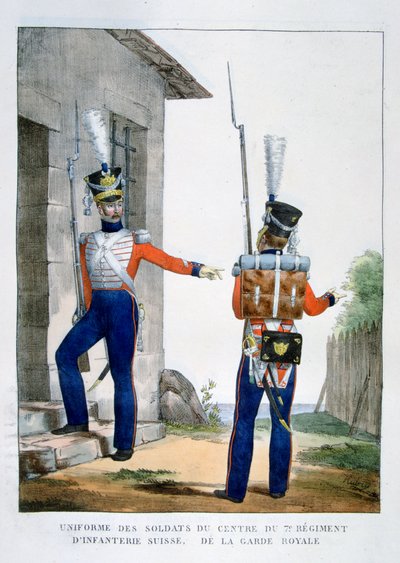 瑞士皇家卫队第七步兵团的制服，法国，1823年。 作者 查尔斯·艾蒂安·皮埃尔·莫特