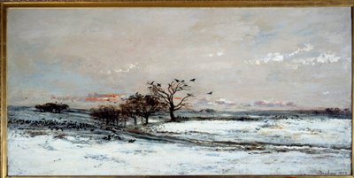 夕阳下的雪景。 查尔斯·弗朗索瓦·多比尼 (Charles Francois Daubigny) 的绘画 (1817-1878) 作者 查尔斯·弗朗索瓦·杜比尼