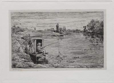 乘船游览：1861年，小屋男孩钓鱼线钓鱼。 作者 查尔斯·弗朗索瓦·杜比尼