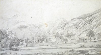 围墙内的建筑景观，背景是山脉，19世纪中期 作者 查尔斯·弗朗索瓦·杜比尼