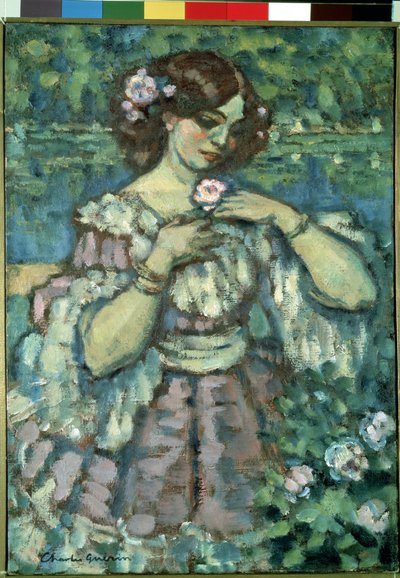女孩与玫瑰。 查尔斯·盖林 (Charles Guerin) 的绘画（1875-1939） 作者 查尔斯·弗朗索瓦·普罗斯珀·盖林