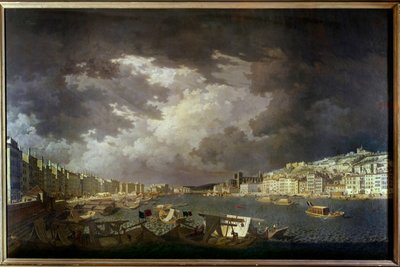里昂 Saone 的边界左侧贸易活动，查尔斯·弗朗索瓦·尼瓦尔 (Charles Francois Nivard)（1739-1821）1804 年作画。 作者 查尔斯·弗朗索瓦·尼瓦尔德