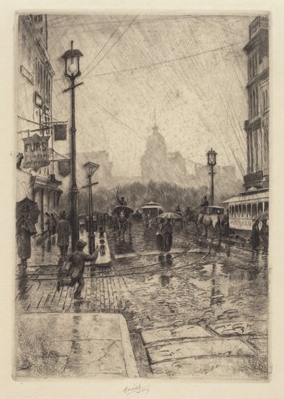 雨天，百老汇，可能是1890年。 作者 查尔斯·弗雷德里克·威廉·梅拉茨