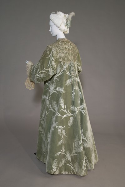 伯莎·帕尔默 (Bertha Palmer) 的晚礼服，约 1902 年（背面斜视图）。 真丝缎面搭配小麦图案切割天鹅绒、金属线蕾丝、真丝金属流苏。 值得，巴黎。 作者 查尔斯·弗雷德里克·沃思