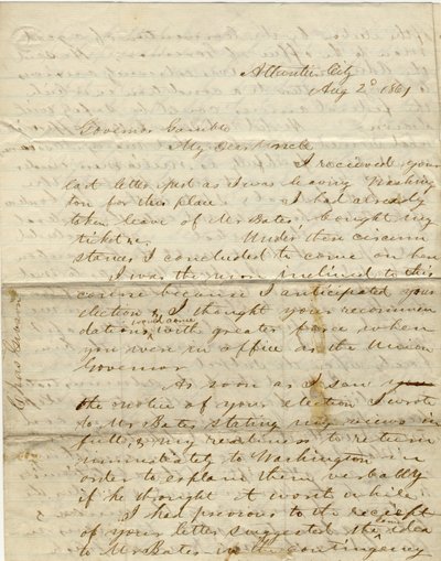 1861年8月2日，署名C.Gibson[查尔斯-吉布森]，大西洋城，给州长甘布尔[汉密尔顿-R-甘布尔]的信。 作者 查尔斯·吉布森