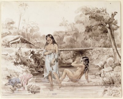 大溪地人沐浴，1844年（纸上洗笔） 作者 查尔斯·吉罗
