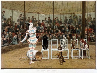 有学问的狗：小丑和狗的马戏团场景 - 根据 Charles Green，英语 chromo 1885。 ¿ 作者 查尔斯·格林