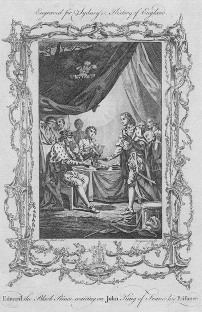 黑王子爱德华（Edward the Black Prince）在法国约翰·金（John King）的囚徒上等待，1773年。 作者 查尔斯·格里尼翁
