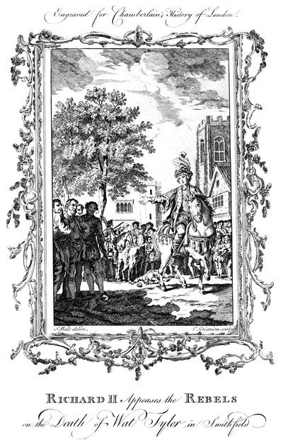 理查德二世国王在19世纪史密斯菲尔德瓦特·泰勒（Wat Tyler）死后抚慰了叛军。 作者 查尔斯·格里尼翁