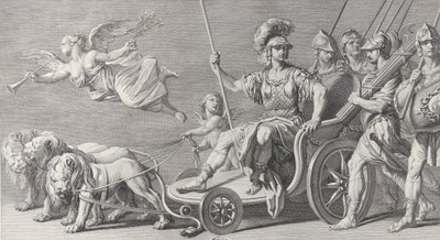 坐在三只狮子拉的战车上的火星，1749年。 作者 查尔斯·格里尼翁