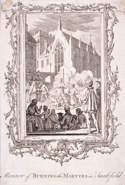 新教徒在史密斯菲尔德被烧死的场景，16世纪，约1760年。   作者 查尔斯·格里尼翁