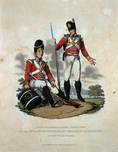 根据最新规定1812&39;，第29届或德国伍斯特郡步兵团的轻型步兵从“英国帝国军队的服饰”中镌刻b 作者 查尔斯·汉密尔顿·史密斯