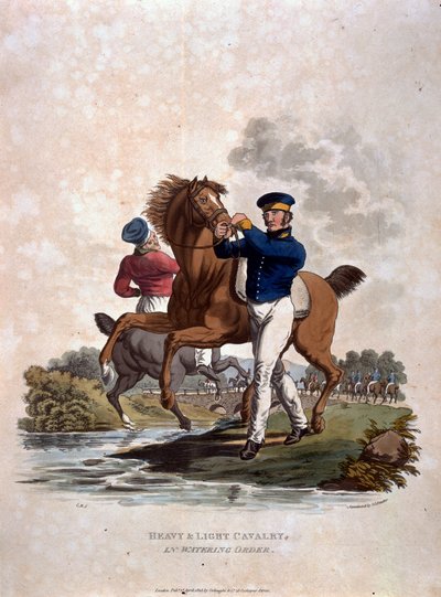根据最新法规1812&39;，“大英帝国军队的服装”中的重型和轻型骑兵，由JC Stadler雕刻，由Colnaghi und Co.出版1812-15（col 作者 查尔斯·汉密尔顿·史密斯