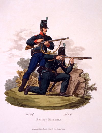 英国步枪兵制服（第60和第95团），来自“大英帝国的服装，根据最后的规定”，于1813年出版（手工彩色的aquatint） 作者 查尔斯·汉密尔顿·史密斯