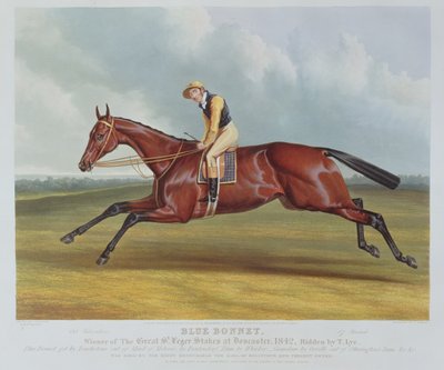 &39;Blue Bonnet&39;，1842年在唐卡斯特举行的Great St. Leger Stakes的获奖者，由John Harris（c.1791-1873）雕刻，酒吧。作者：Rudolph Ackermann，1842（aquatint） 作者 查尔斯·汉考克