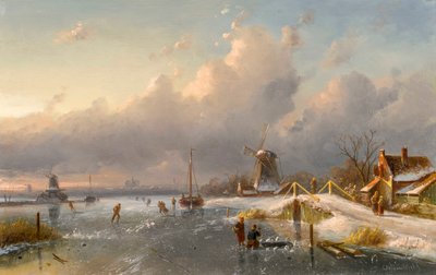 1840年代至50年代，风车和溜冰者在冰冻的水道上的冬季风景 作者 查尔斯·亨利·约瑟夫·莱克特